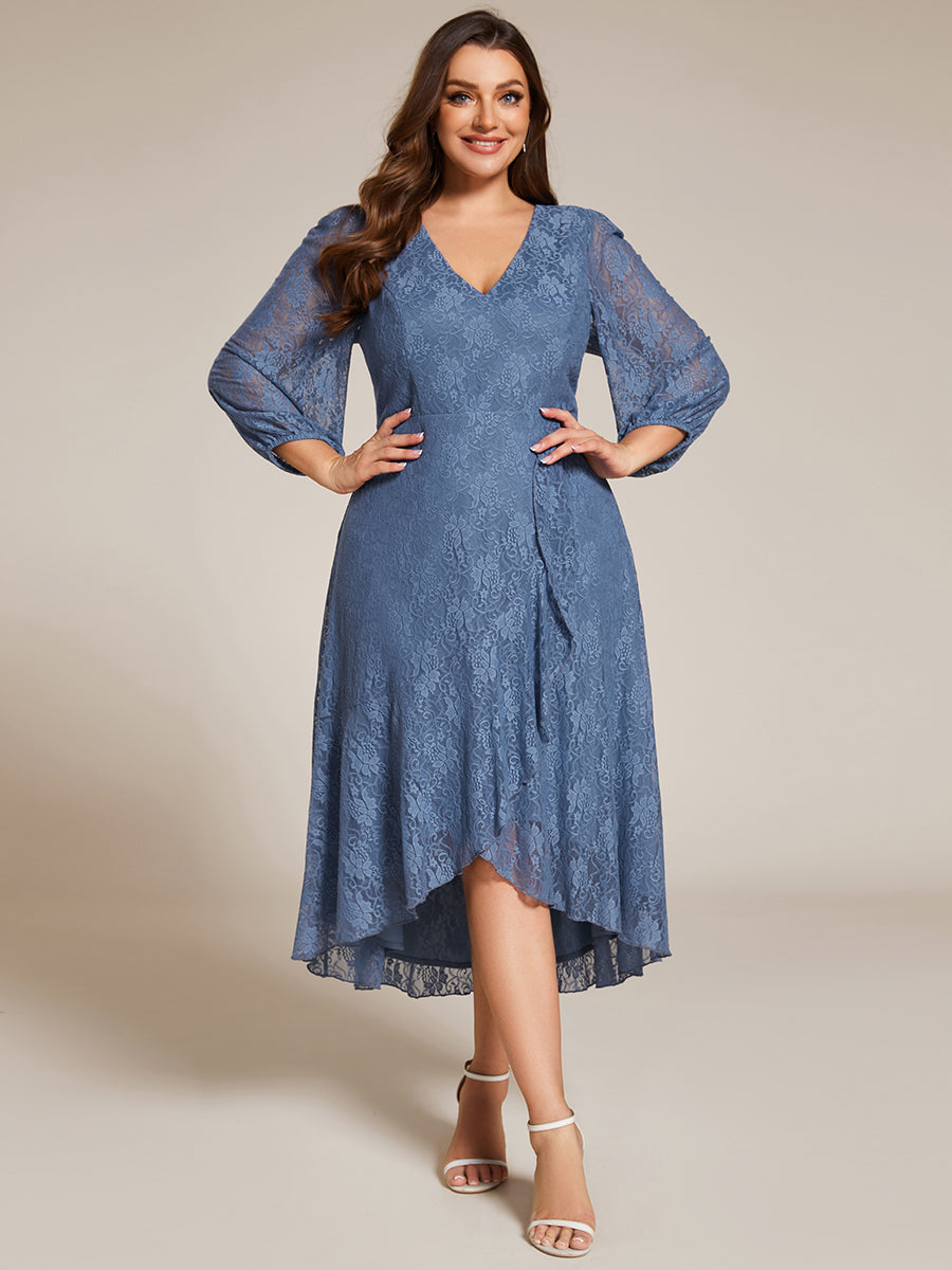 Color=Dusty Navy | Plus Size Exquisite Long Lantern Sleeves Regular Fold Stream Lotus Leaf Hem Wedding Guest Dresses with Jacquard Decoration-Dusty Navy 9