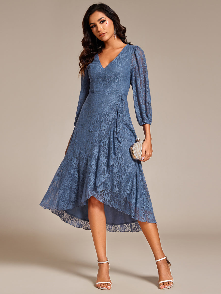 Color=Dusty Blue | Exquisite Long Lantern Sleeves Regular Fold Stream Lotus Leaf Hem Wedding Guest Dresses with Jacquard Decoration-Dusty Blue 6