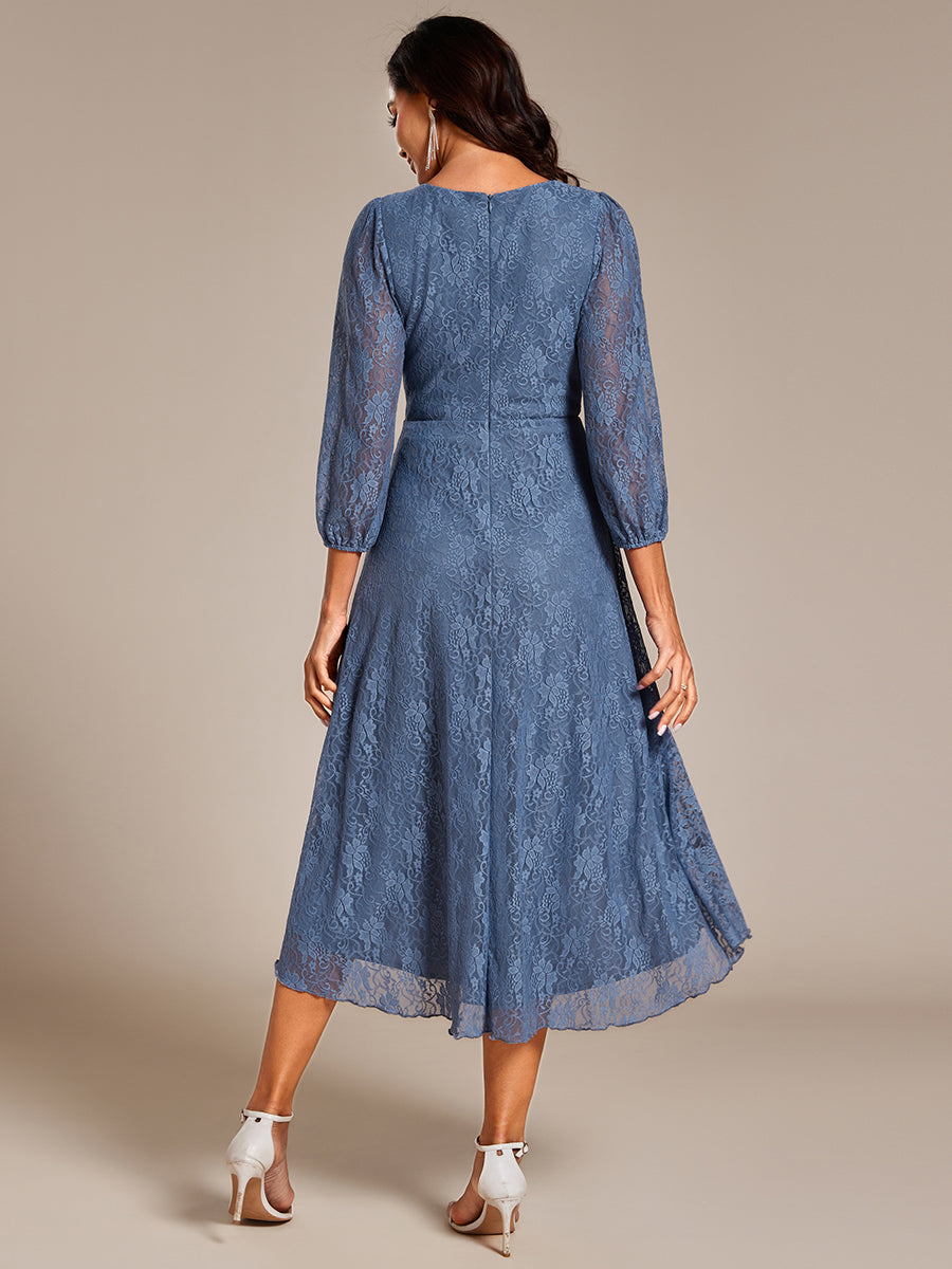 Color=Dusty Blue | Exquisite Long Lantern Sleeves Regular Fold Stream Lotus Leaf Hem Wedding Guest Dresses with Jacquard Decoration-Dusty Blue 7