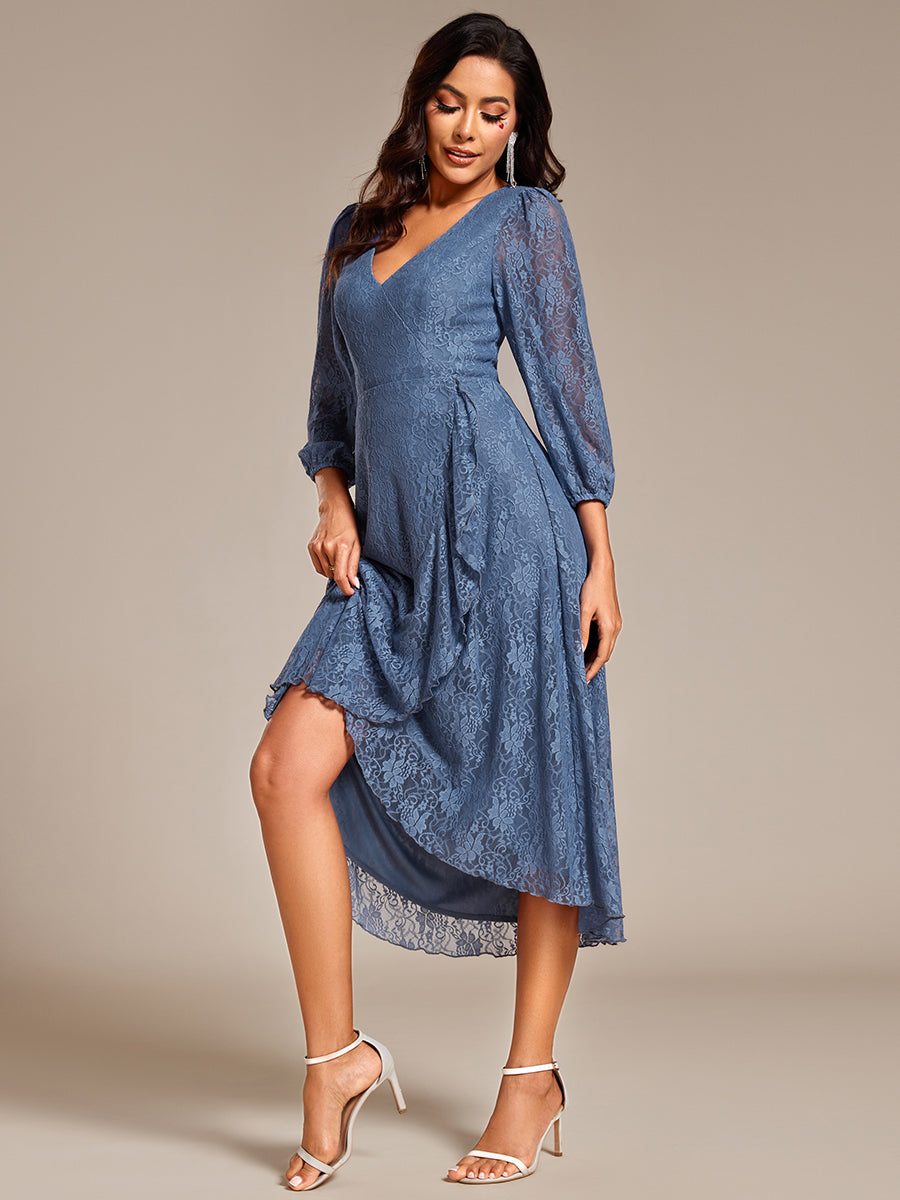 Color=Dusty Navy | Exquisite Long Lantern Sleeves Regular Fold Stream Lotus Leaf Hem Wedding Guest Dresses with Jacquard Decoration-Dusty Navy 8