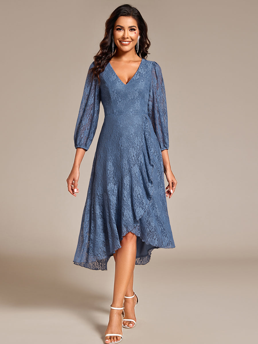 Color=Dusty Blue | Exquisite Long Lantern Sleeves Regular Fold Stream Lotus Leaf Hem Wedding Guest Dresses with Jacquard Decoration-Dusty Blue 9