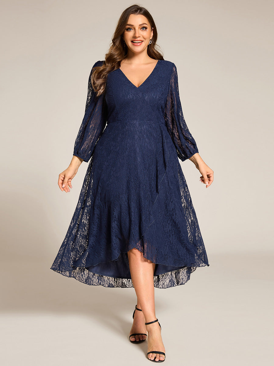 Color=Navy Blue | Plus Size Exquisite Long Lantern Sleeves Regular Fold Stream Lotus Leaf Hem Wedding Guest Dresses with Jacquard Decoration-Navy Blue 11