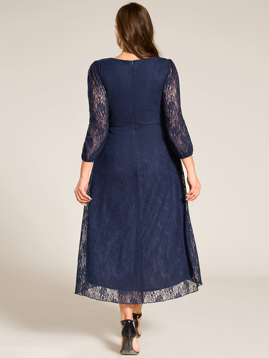 Color=Navy Blue | Plus Size Exquisite Long Lantern Sleeves Regular Fold Stream Lotus Leaf Hem Wedding Guest Dresses with Jacquard Decoration-Navy Blue 12