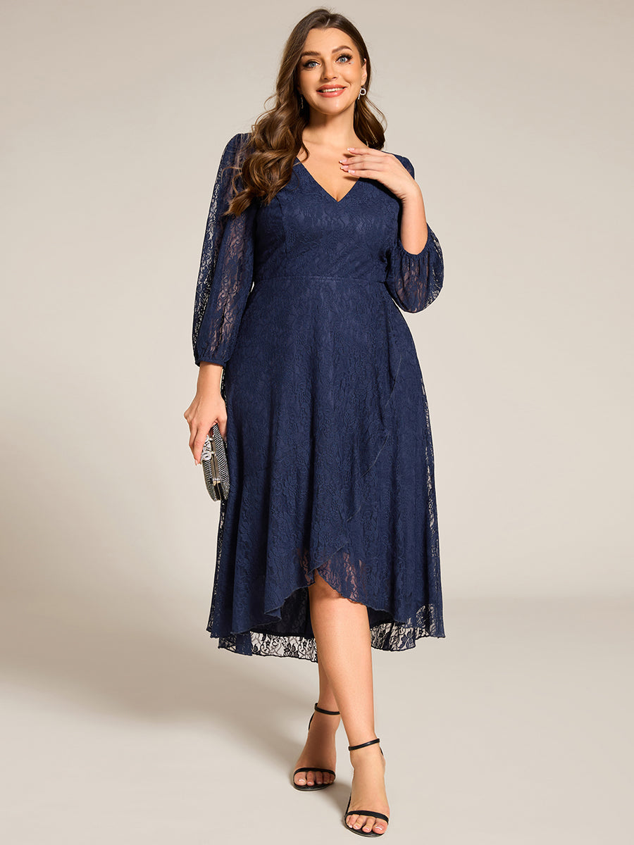 Color=Navy Blue | Plus Size Exquisite Long Lantern Sleeves Regular Fold Stream Lotus Leaf Hem Wedding Guest Dresses with Jacquard Decoration-Navy Blue 14