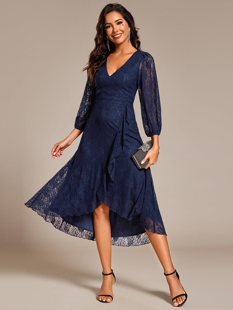 Color=Navy Blue | Exquisite Long Lantern Sleeves Regular Fold Stream Lotus Leaf Hem Wedding Guest Dresses with Jacquard Decoration-Navy Blue 11