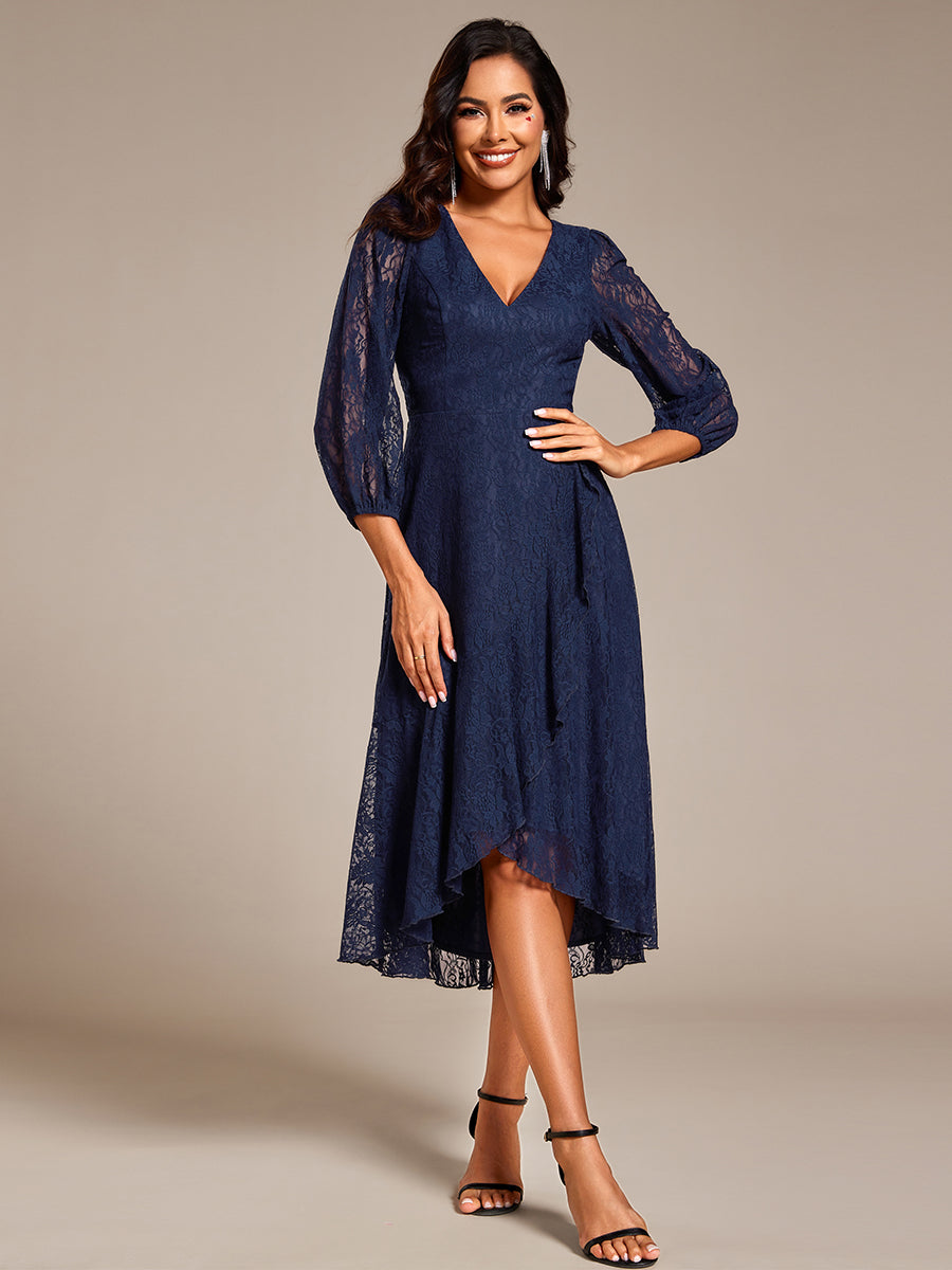 Color=Navy Blue | Exquisite Long Lantern Sleeves Regular Fold Stream Lotus Leaf Hem Wedding Guest Dresses with Jacquard Decoration-Navy Blue 14