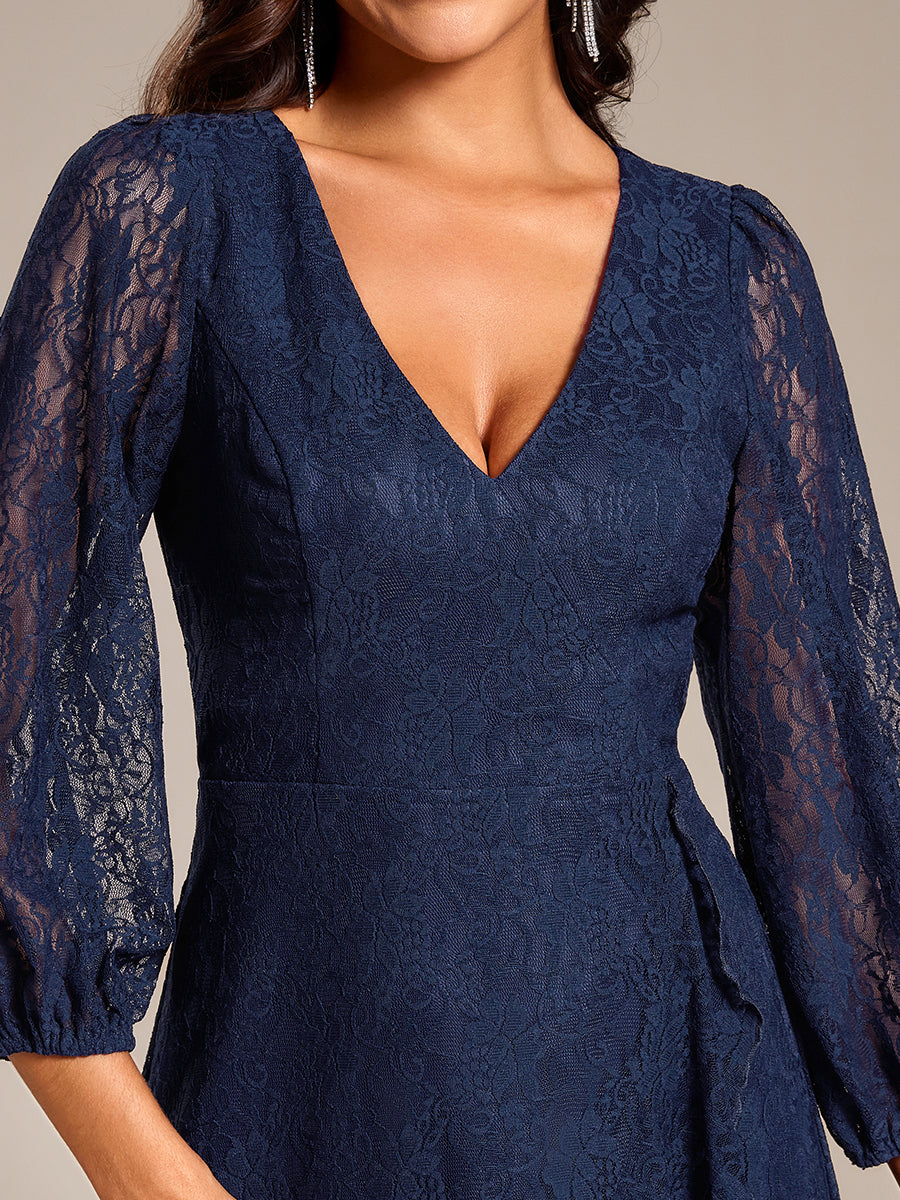 Color=Navy Blue | Exquisite Long Lantern Sleeves Regular Fold Stream Lotus Leaf Hem Wedding Guest Dresses with Jacquard Decoration-Navy Blue 15