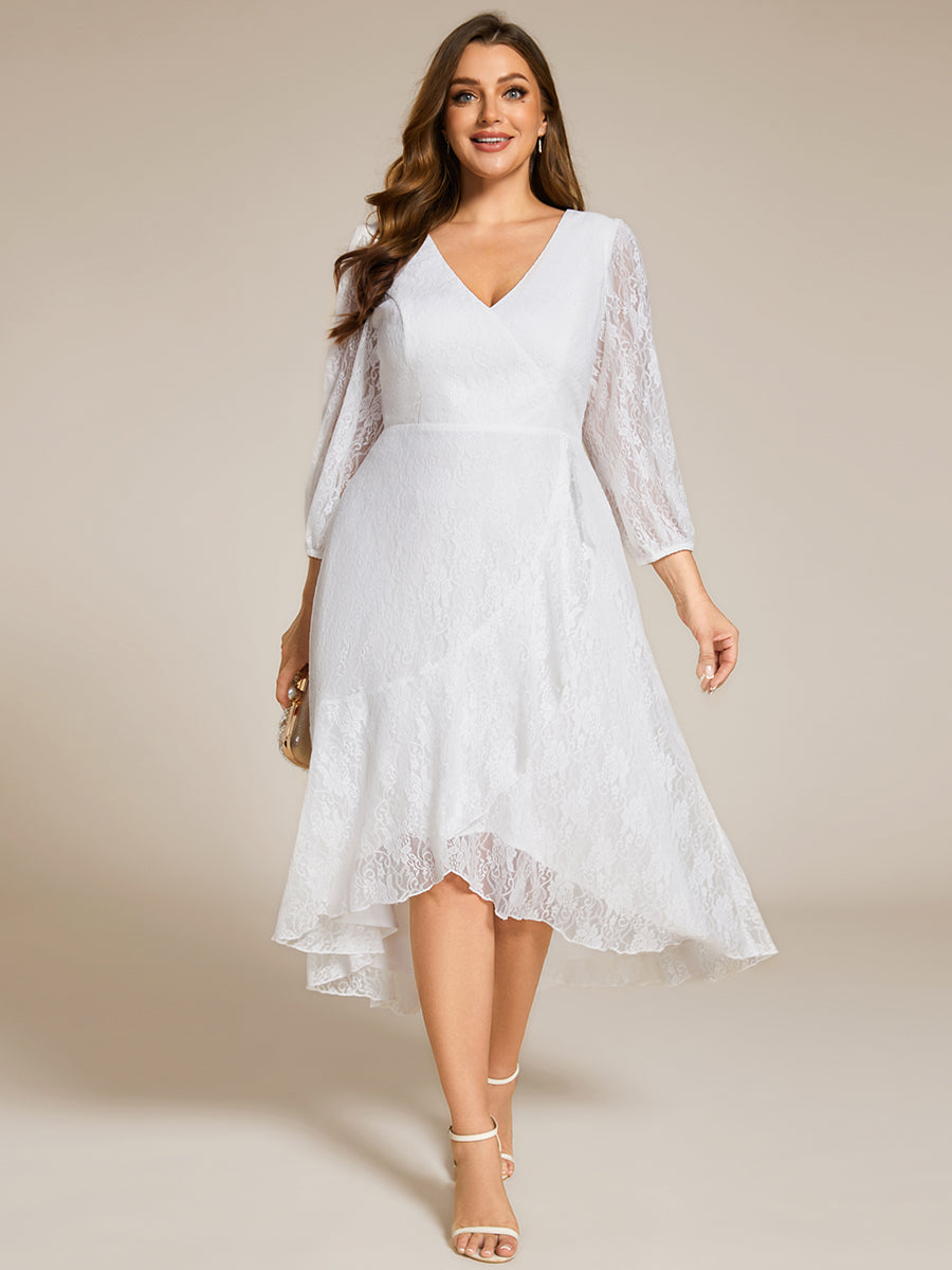 Color=White | Plus Size Exquisite Long Lantern Sleeves Regular Fold Stream Lotus Leaf Hem Wedding Guest Dresses with Jacquard Decoration-White 16