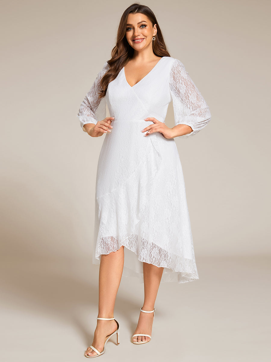 Color=White | Plus Size Exquisite Long Lantern Sleeves Regular Fold Stream Lotus Leaf Hem Wedding Guest Dresses with Jacquard Decoration-White 18