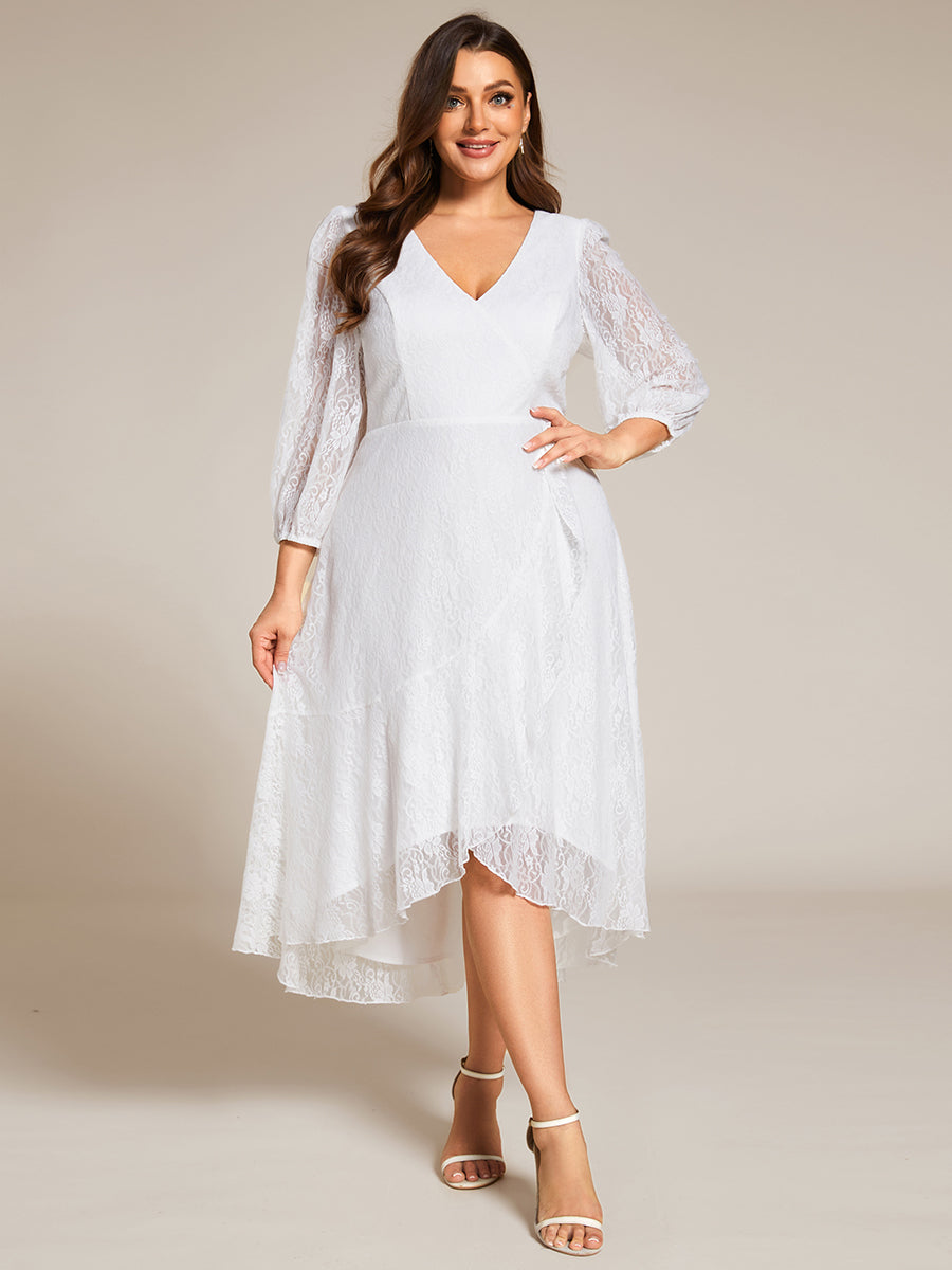 Color=White | Plus Size Exquisite Long Lantern Sleeves Regular Fold Stream Lotus Leaf Hem Wedding Guest Dresses with Jacquard Decoration-White 19