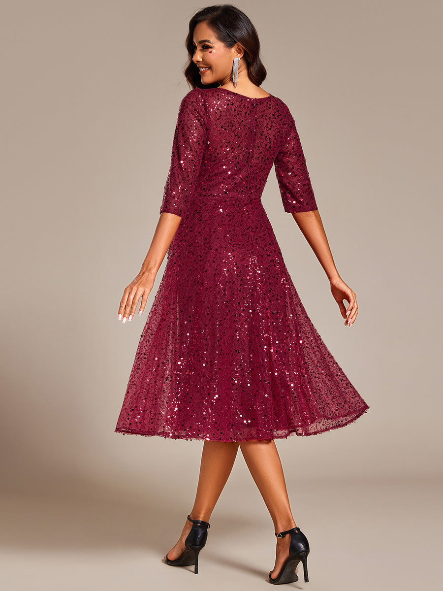 Color=Burgundy | Elegant Round Neck 3/4 Puff Sleeve Bodycon Sequin Evening Dresses with Paillette-Burgundy 2