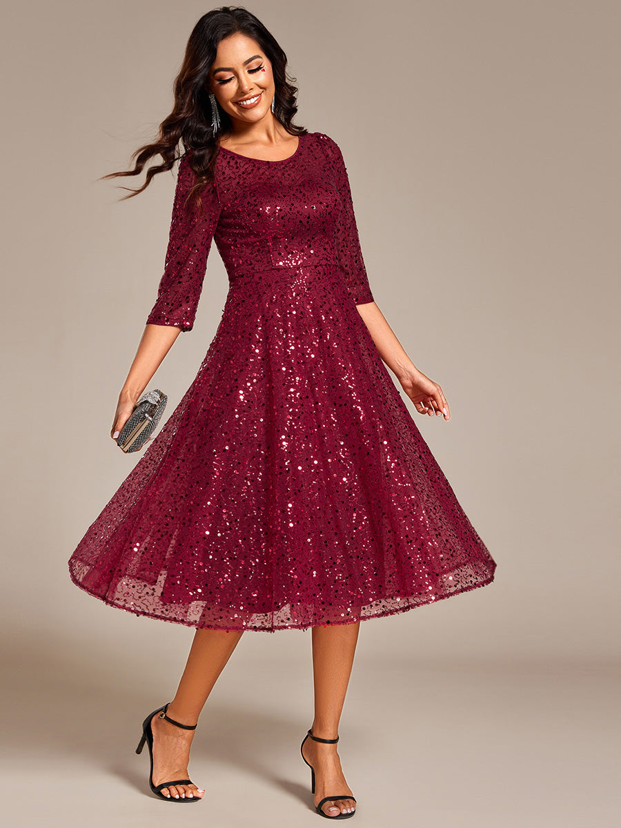 Color=Burgundy | Elegant Round Neck 3/4 Puff Sleeve Bodycon Sequin Evening Dresses with Paillette-Burgundy 3