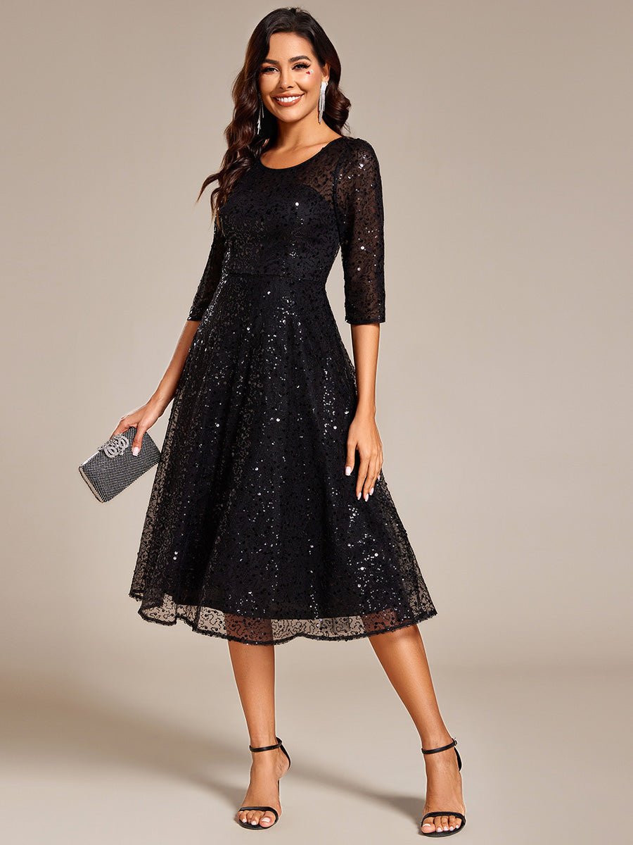 Color=Black | Elegant Round Neck 3/4 Puff Sleeve Bodycon Sequin Evening Dresses with Paillette-Black 6