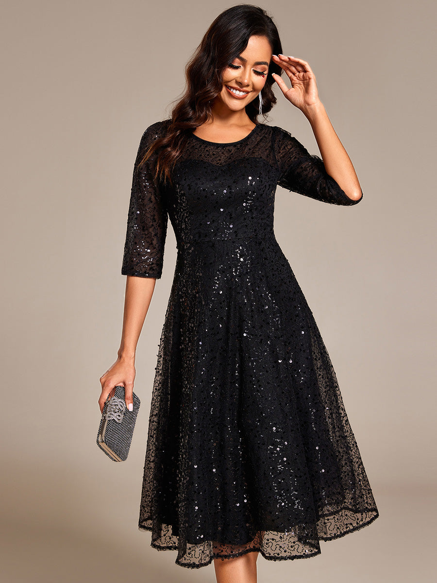 Color=Black | Elegant Round Neck 3/4 Puff Sleeve Bodycon Sequin Evening Dresses with Paillette-Black 9