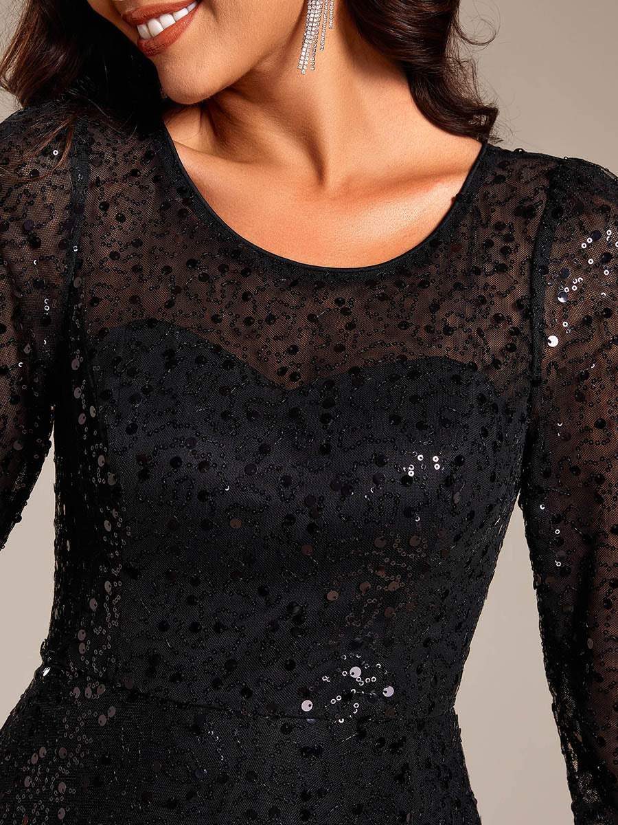 Color=Black | Elegant Round Neck 3/4 Puff Sleeve Bodycon Sequin Evening Dresses with Paillette-Black 10