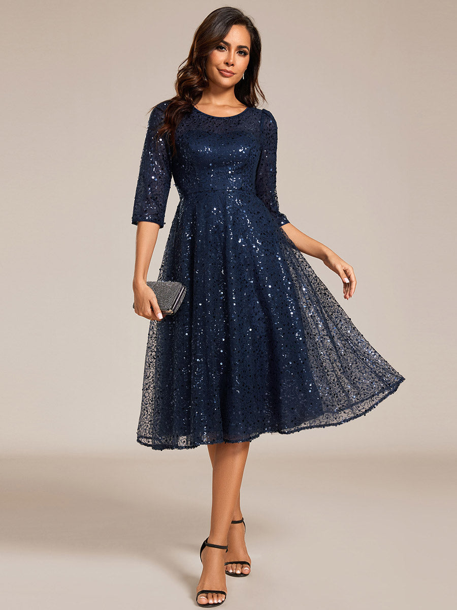 Color=Navy Blue | Elegant Round Neck 3/4 Puff Sleeve Bodycon Sequin Evening Dresses with Paillette-Navy Blue 11