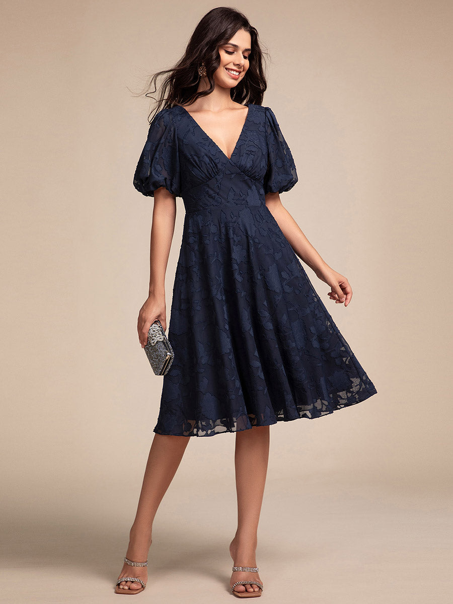 Color=Navy Blue | Exquisite Young Fashion puffy sleeveA-line Jacquard Chiffon Dresses with Lining-Navy Blue 1