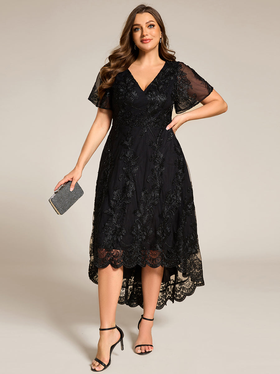 Color=Black | Plus Size Exquisite Embroidery Decoration Short See-through Ruffles Sleeve Lace Wedding Guest Dresses with Asymmetrical Hem-Black 1