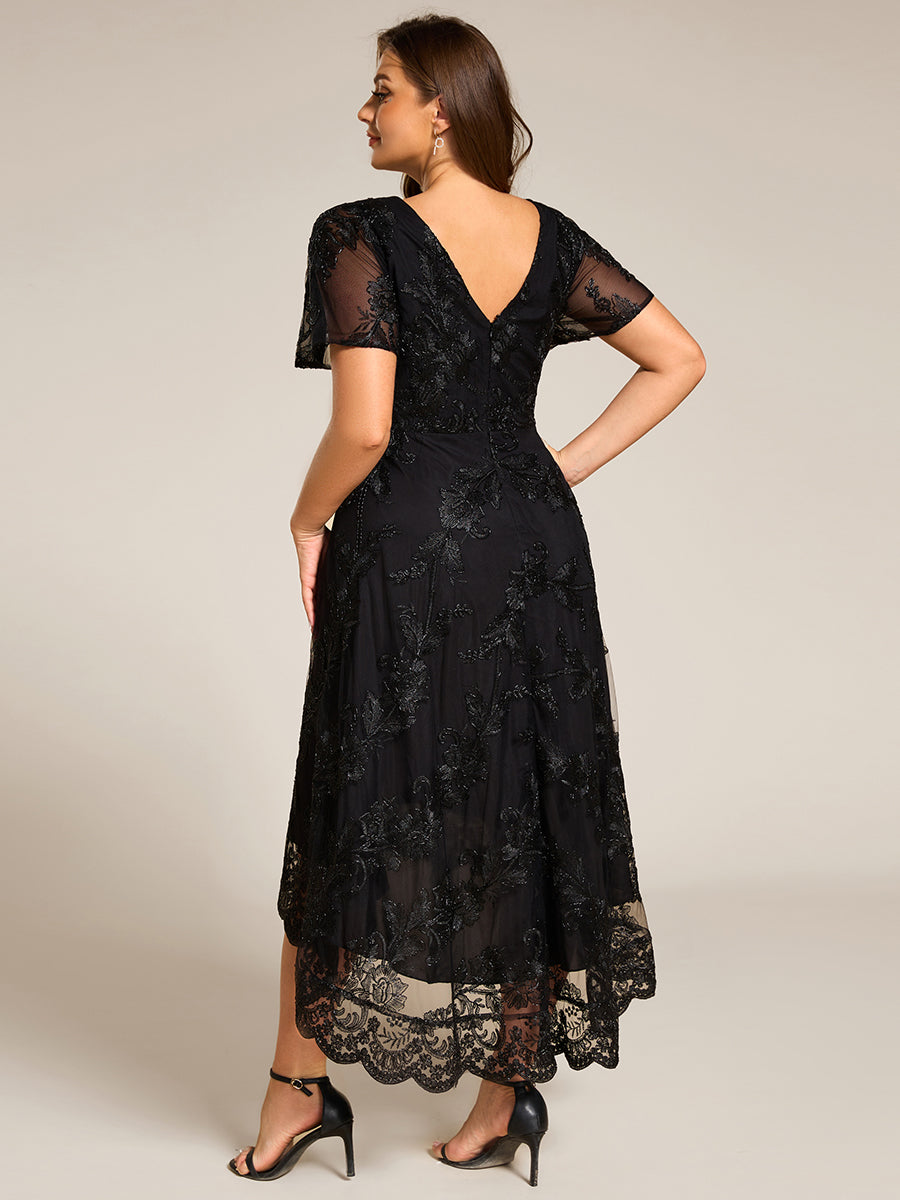 Color=Black | Plus Size Exquisite Embroidery Decoration Short See-through Ruffles Sleeve Lace Wedding Guest Dresses with Asymmetrical Hem-Black 2