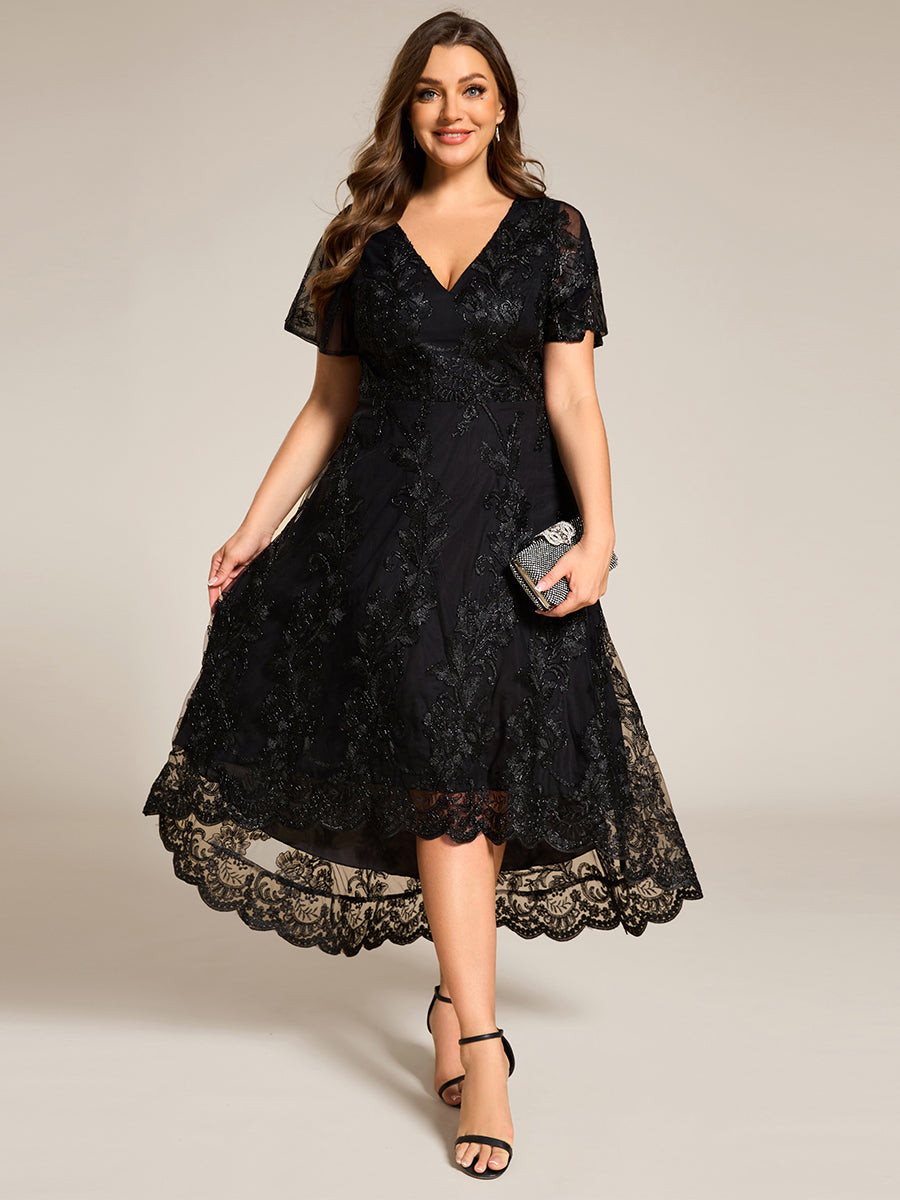 Color=Black | Plus Size Exquisite Embroidery Decoration Short See-through Ruffles Sleeve Lace Wedding Guest Dresses with Asymmetrical Hem-Black 3