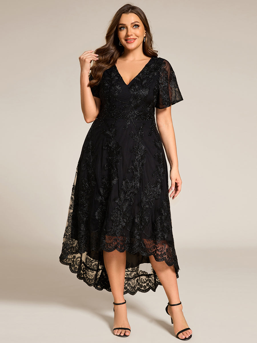 Color=Black | Plus Size Exquisite Embroidery Decoration Short See-through Ruffles Sleeve Lace Wedding Guest Dresses with Asymmetrical Hem-Black 4