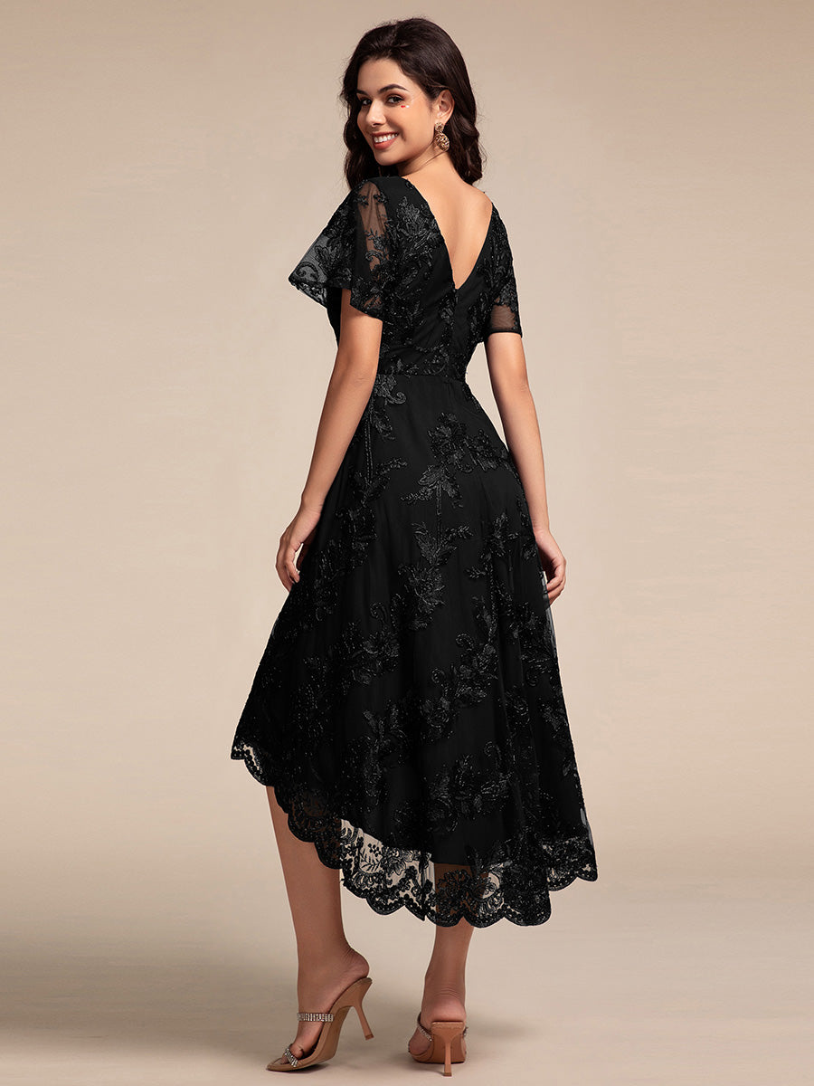 Color=Black | Exquisite Embroidery Decoration Short See-through Ruffles Sleeve Lace Wedding Guest Dresses with Asymmetrical Hem-Black 2