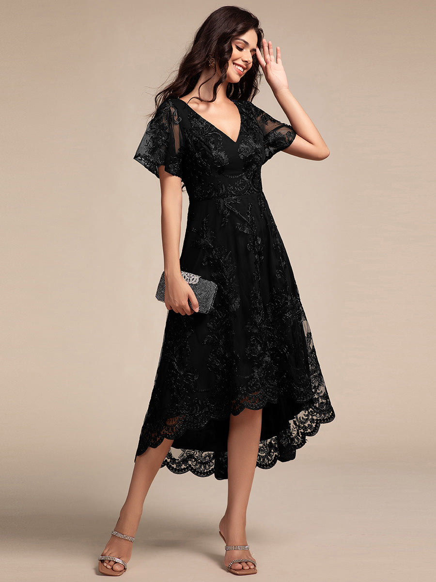 Color=Black | Exquisite Embroidery Decoration Short See-through Ruffles Sleeve Lace Wedding Guest Dresses with Asymmetrical Hem-Black 3