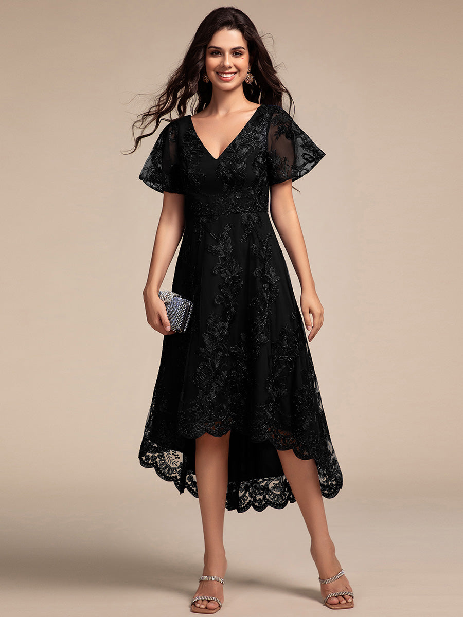 Color=Black | Exquisite Embroidery Decoration Short See-through Ruffles Sleeve Lace Wedding Guest Dresses with Asymmetrical Hem-Black 4