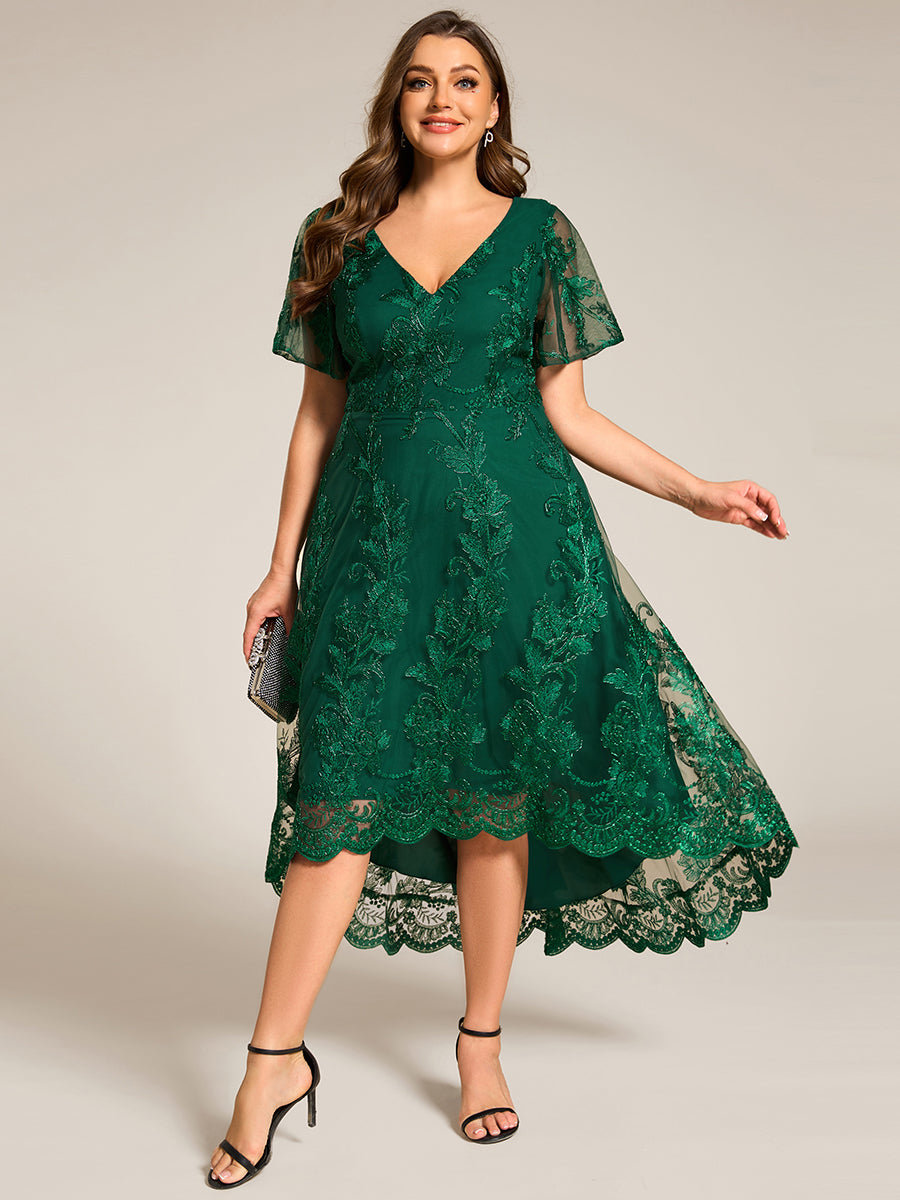 Color=Dark Green | Plus Size Exquisite Embroidery Decoration Short See-through Ruffles Sleeve Lace Wedding Guest Dresses with Asymmetrical Hem-Dark Green 6