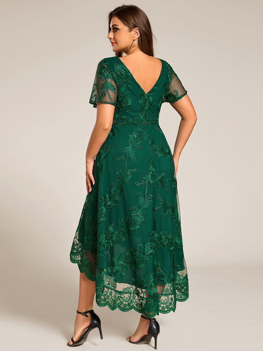 Color=Dark Green | Plus Size Exquisite Embroidery Decoration Short See-through Ruffles Sleeve Lace Wedding Guest Dresses with Asymmetrical Hem-Dark Green 7