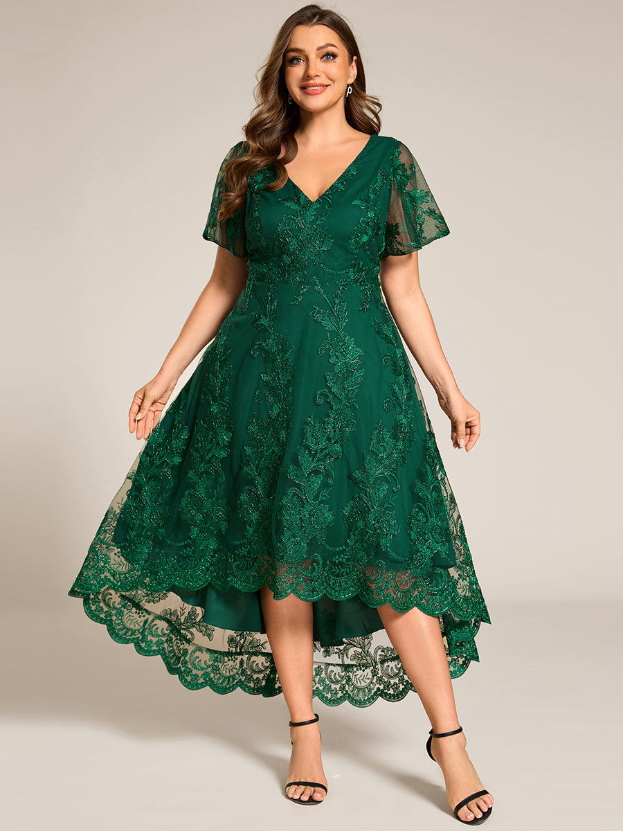 Color=Dark Green | Plus Size Exquisite Embroidery Decoration Short See-through Ruffles Sleeve Lace Wedding Guest Dresses with Asymmetrical Hem-Dark Green 8