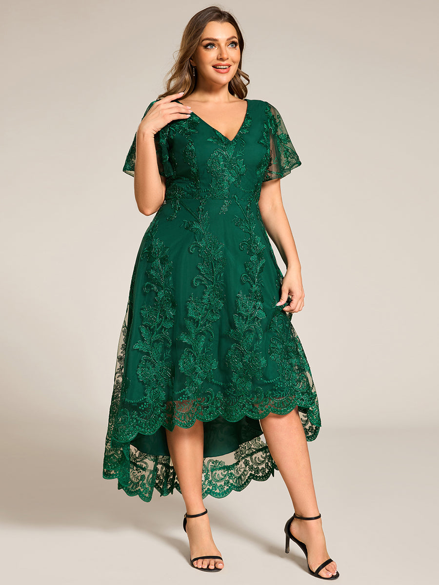 Color=Dark Green | Plus Size Exquisite Embroidery Decoration Short See-through Ruffles Sleeve Lace Wedding Guest Dresses with Asymmetrical Hem-Dark Green 9