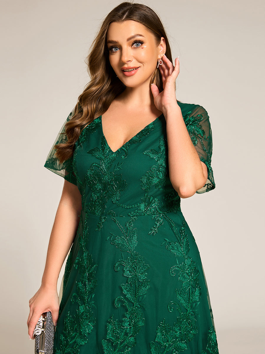 Color=Dark Green | Plus Size Exquisite Embroidery Decoration Short See-through Ruffles Sleeve Lace Wedding Guest Dresses with Asymmetrical Hem-Dark Green 10