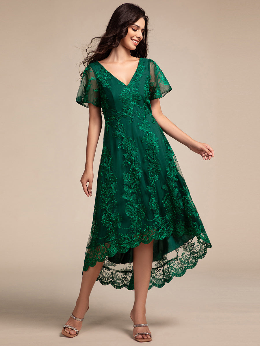 Color=Dark Green | Exquisite Embroidery Decoration Short See-through Ruffles Sleeve Lace Wedding Guest Dresses with Asymmetrical Hem-Dark Green 9