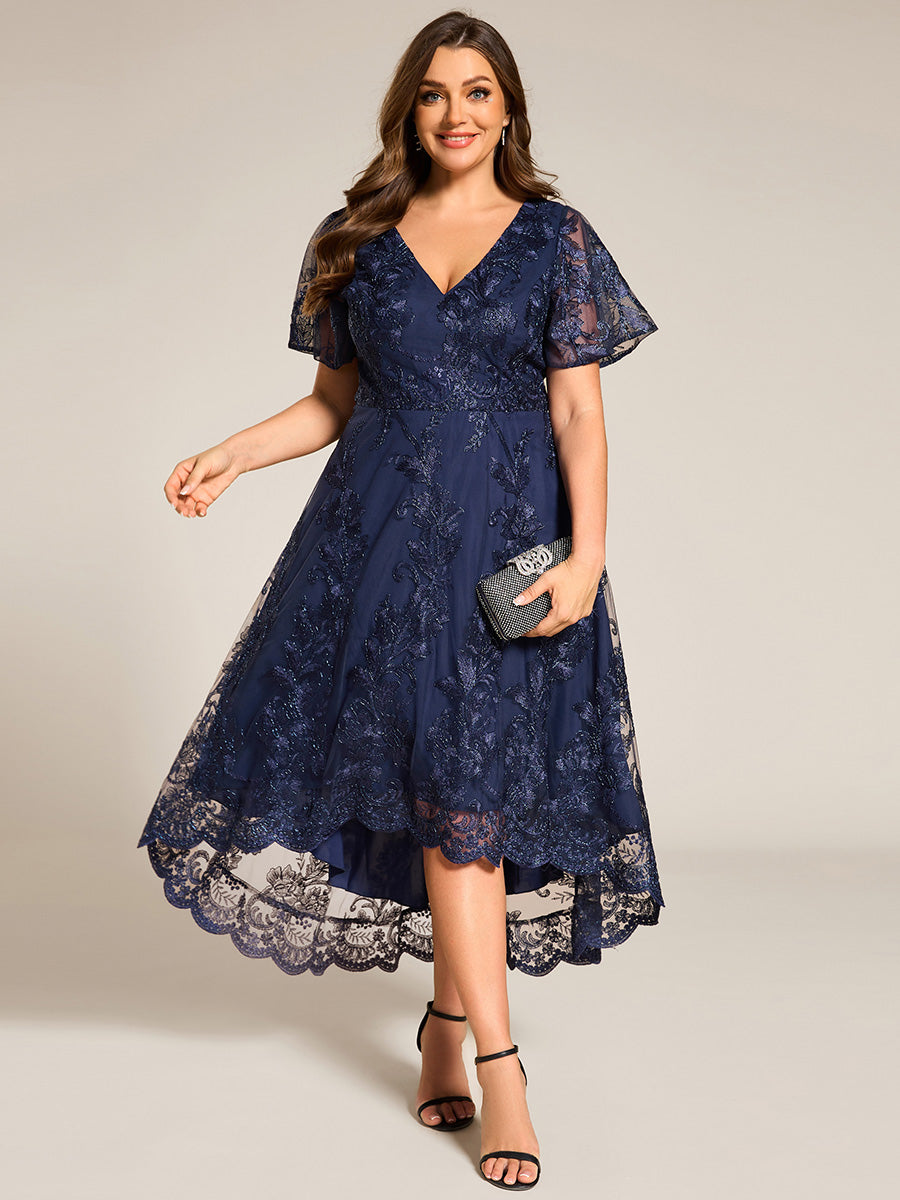 Color=Navy Blue | Plus Size Exquisite Embroidery Decoration Short See-through Ruffles Sleeve Lace Wedding Guest Dresses with Asymmetrical Hem-Navy Blue 11