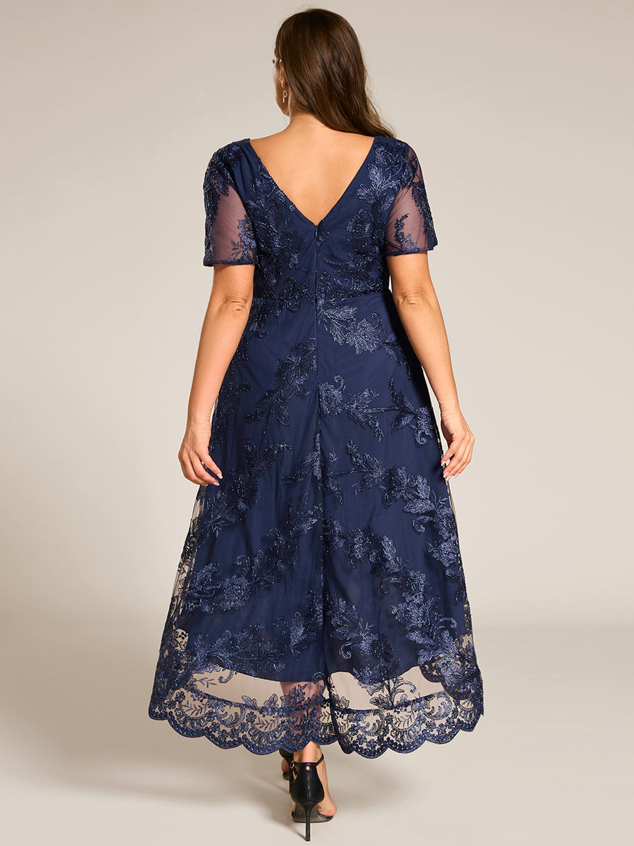 Color=Navy Blue | Plus Size Exquisite Embroidery Decoration Short See-through Ruffles Sleeve Lace Wedding Guest Dresses with Asymmetrical Hem-Navy Blue 12