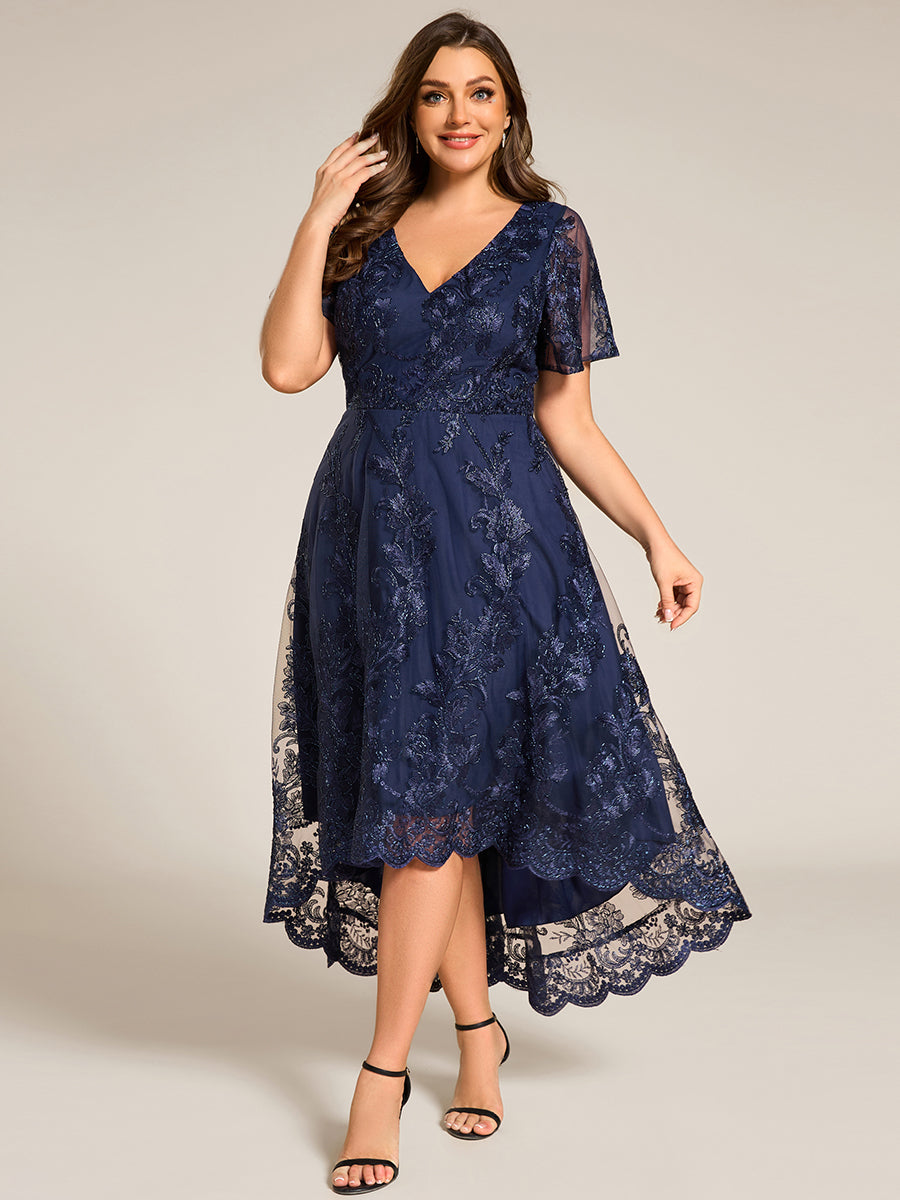 Color=Navy Blue | Plus Size Exquisite Embroidery Decoration Short See-through Ruffles Sleeve Lace Wedding Guest Dresses with Asymmetrical Hem-Navy Blue 13