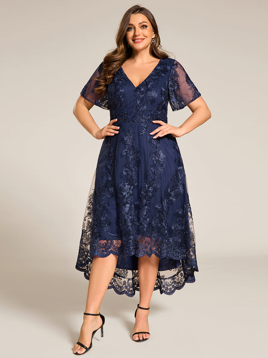 Color=Navy Blue | Plus Size Exquisite Embroidery Decoration Short See-through Ruffles Sleeve Lace Wedding Guest Dresses with Asymmetrical Hem-Navy Blue 14