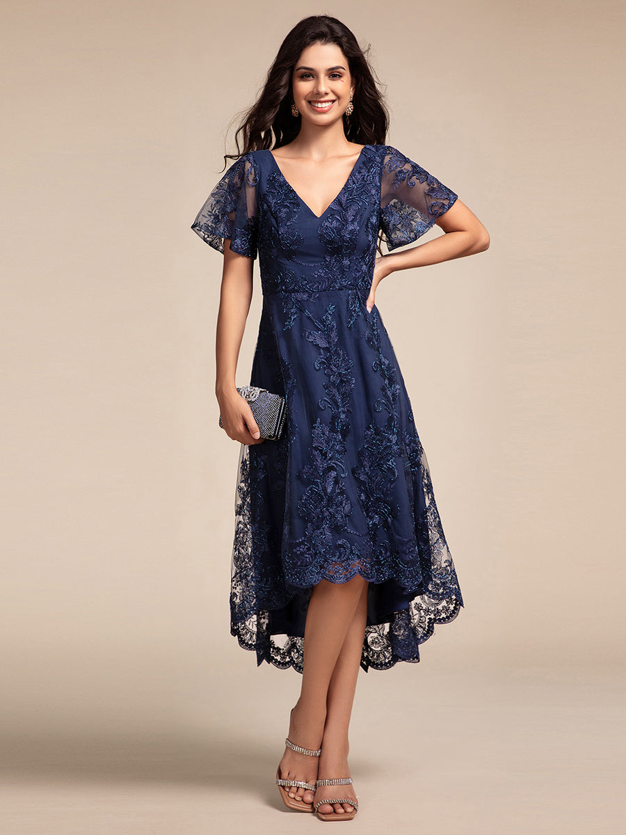 Color=Navy Blue | Exquisite Embroidery Decoration Short See-through Ruffles Sleeve Lace Wedding Guest Dresses with Asymmetrical Hem-Navy Blue 11