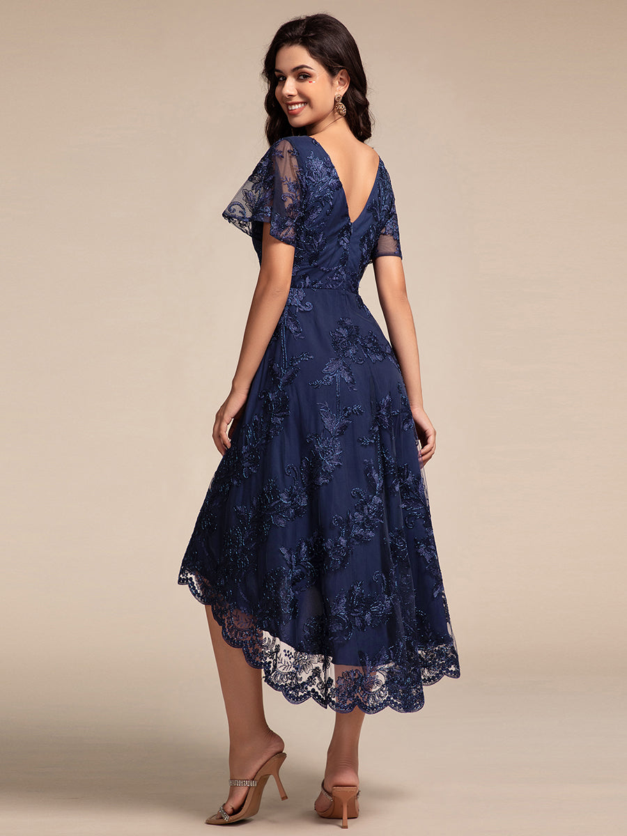 Color=Navy Blue | Exquisite Embroidery Decoration Short See-through Ruffles Sleeve Lace Wedding Guest Dresses with Asymmetrical Hem-Navy Blue 12