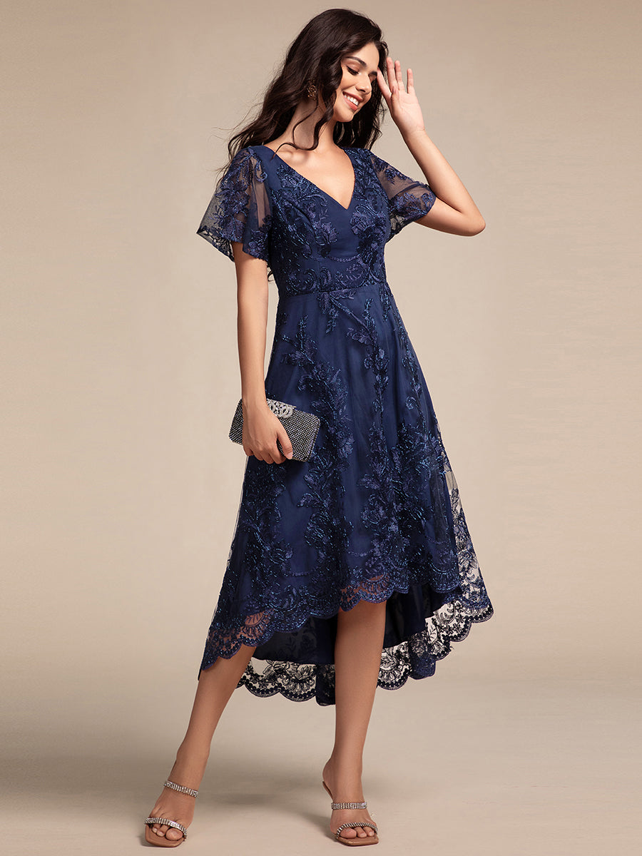 Color=Navy Blue | Exquisite Embroidery Decoration Short See-through Ruffles Sleeve Lace Wedding Guest Dresses with Asymmetrical Hem-Navy Blue 13