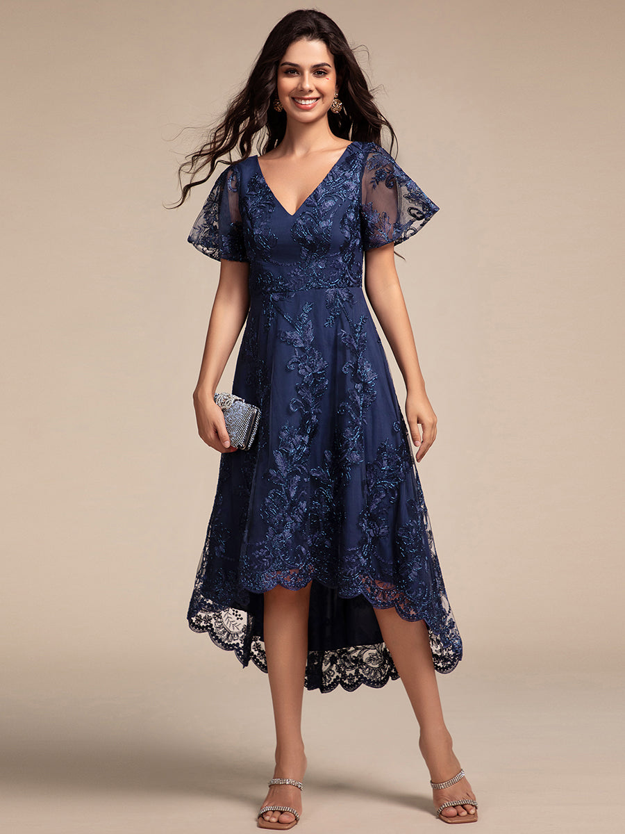 Color=Navy Blue | Exquisite Embroidery Decoration Short See-through Ruffles Sleeve Lace Wedding Guest Dresses with Asymmetrical Hem-Navy Blue 14