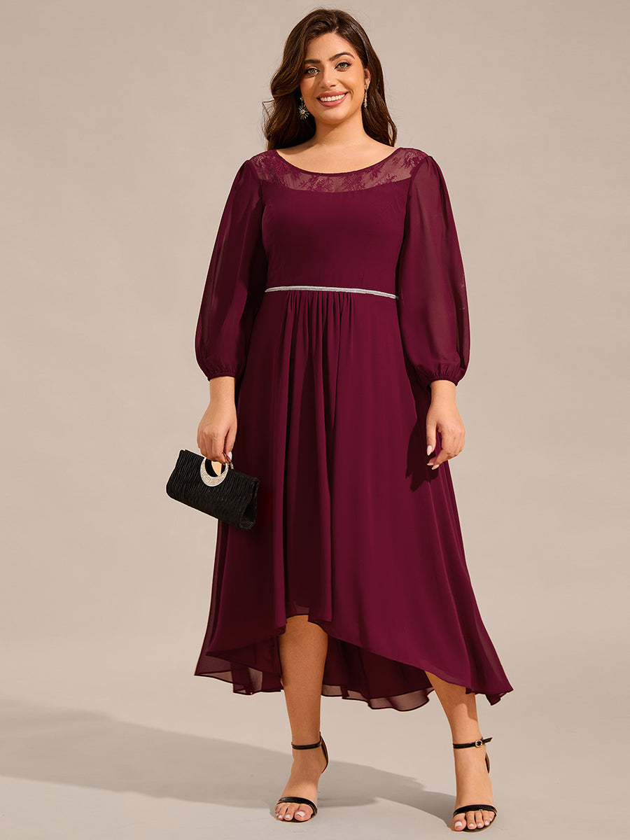 Color=Burgundy | Plus Size Elegant Round Neck Smocking Midi Length Chiffon Wedding Guest Dresses with Asymmetrical Hem-Burgundy 1