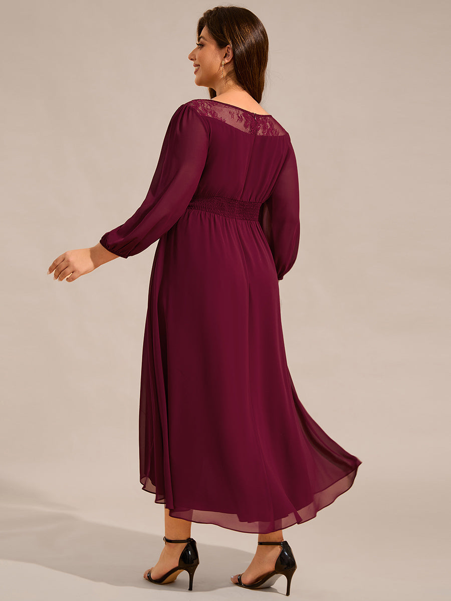 Color=Burgundy | Plus Size Elegant Round Neck Smocking Midi Length Chiffon Wedding Guest Dresses with Asymmetrical Hem-Burgundy 2