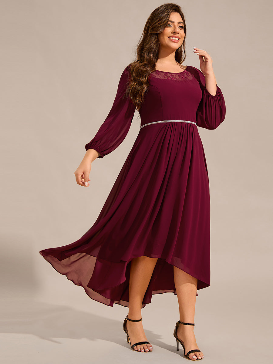 Color=Burgundy | Plus Size Elegant Round Neck Smocking Midi Length Chiffon Wedding Guest Dresses with Asymmetrical Hem-Burgundy 3