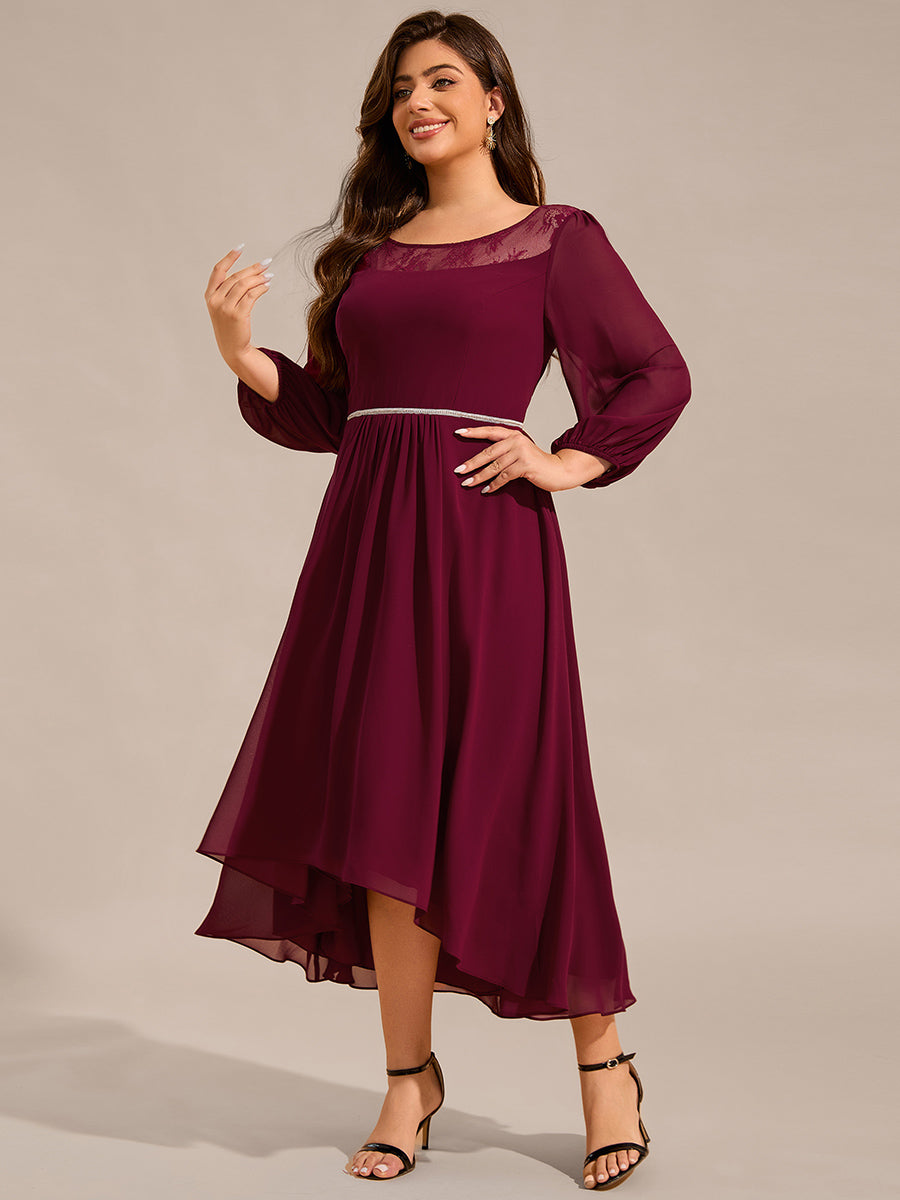 Color=Burgundy | Plus Size Elegant Round Neck Smocking Midi Length Chiffon Wedding Guest Dresses with Asymmetrical Hem-Burgundy 4