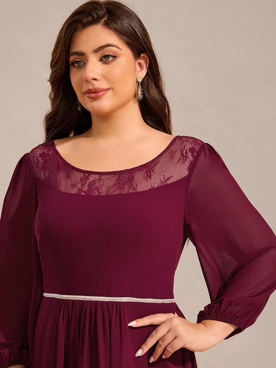 Color=Burgundy | Plus Size Elegant Round Neck Smocking Midi Length Chiffon Wedding Guest Dresses with Asymmetrical Hem-Burgundy 5