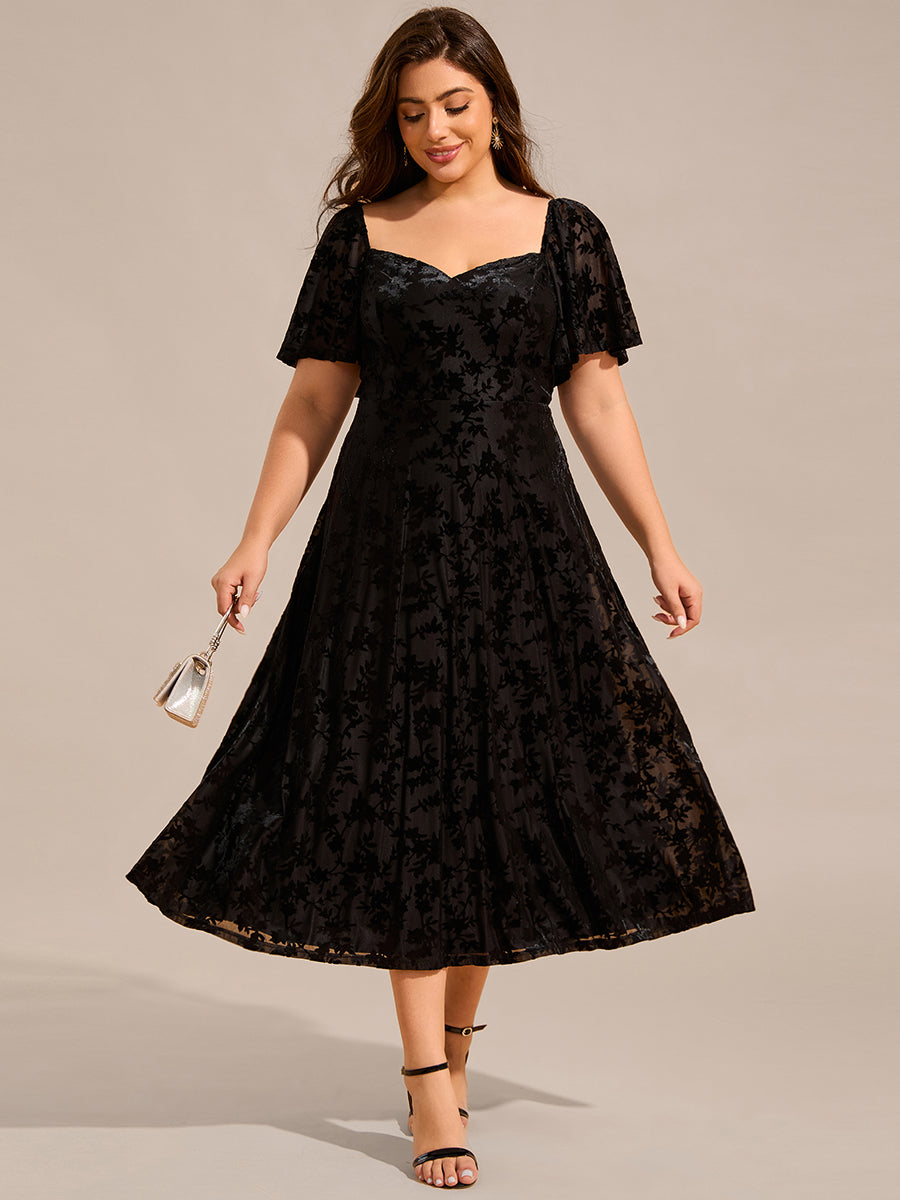 Color=Black | Plus Size Exquisite Square Neckline Tea length Wedding Guest Dresses with Jacquard Decoration-Black 1