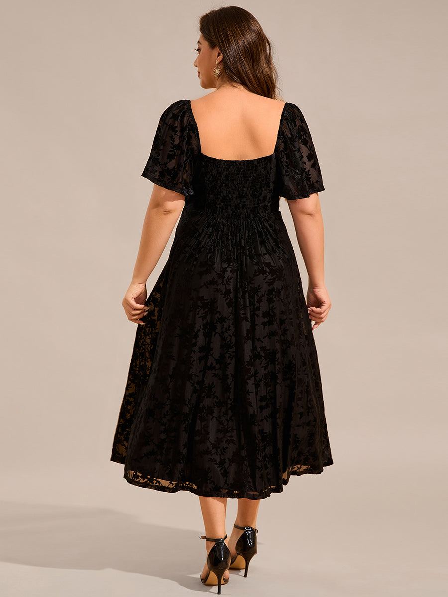 Color=Black | Plus Size Exquisite Square Neckline Tea length Wedding Guest Dresses with Jacquard Decoration-Black 2