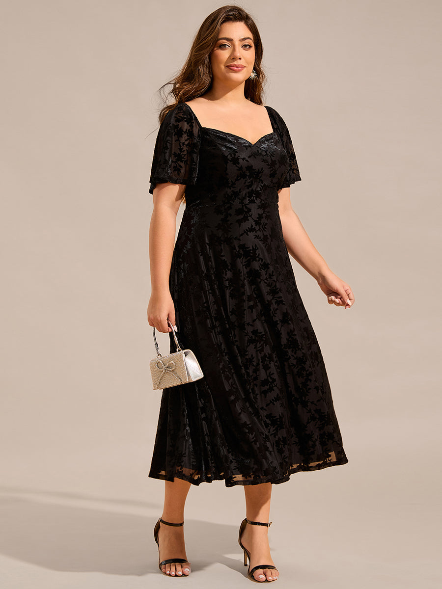 Color=Black | Plus Size Exquisite Square Neckline Tea length Wedding Guest Dresses with Jacquard Decoration-Black 3